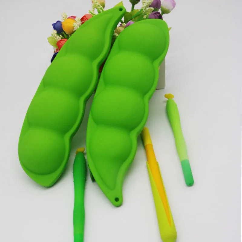 Kawaii saco de lápis de silicone bolsa novidade caso de lápis de ervilha macia bonito escola papelaria presente para crianças verde planta caneta