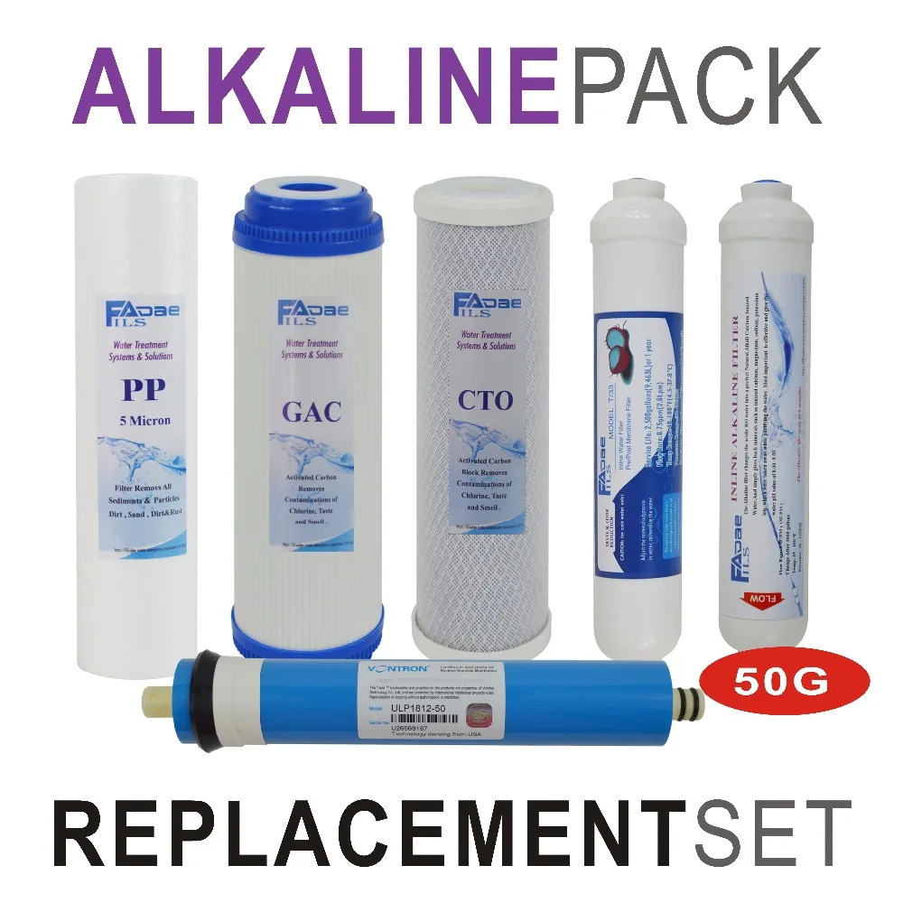 Alkaline Reverse Osmosis System Replacement Filter Set - 6 Filters with 50 GPD RO Membrane Elements - Pack of 6