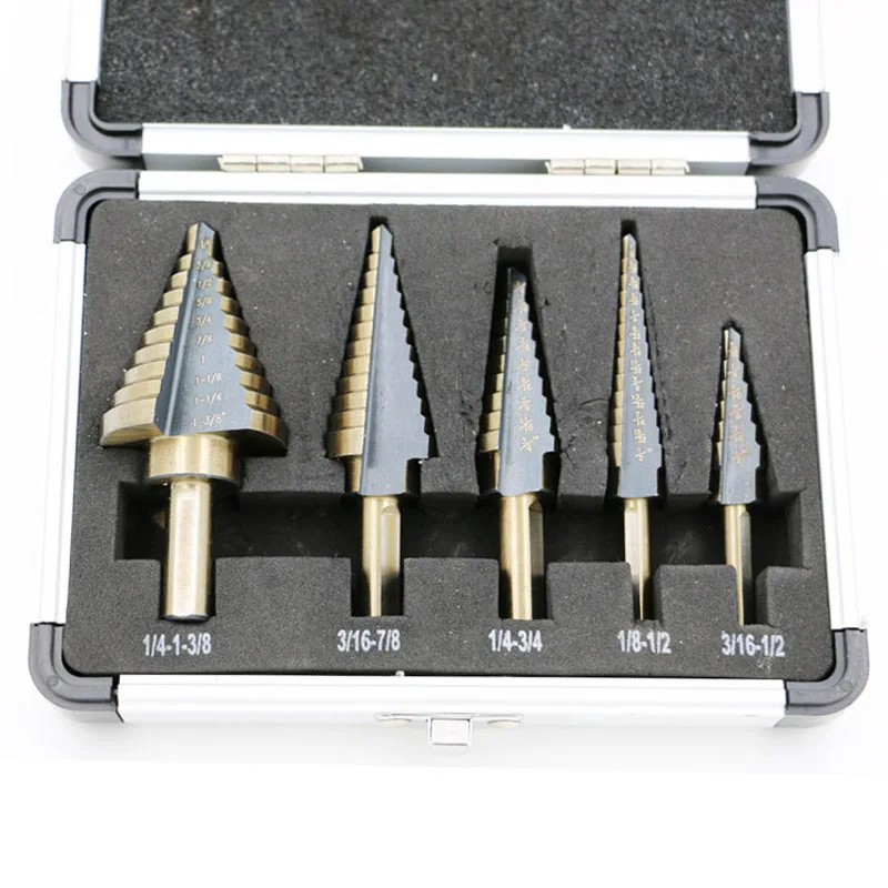 Arrival High Quality 5pcs/Set HSS COBALT MULTIPLE HOLE 50 Sizes STEP DRILL BIT SET w Aluminum Case