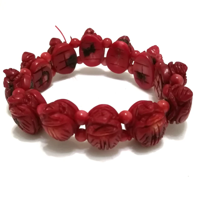 8 inches Stretch 12*18mm Red Cicada Style Hand Carved Natural Coral Bracelet