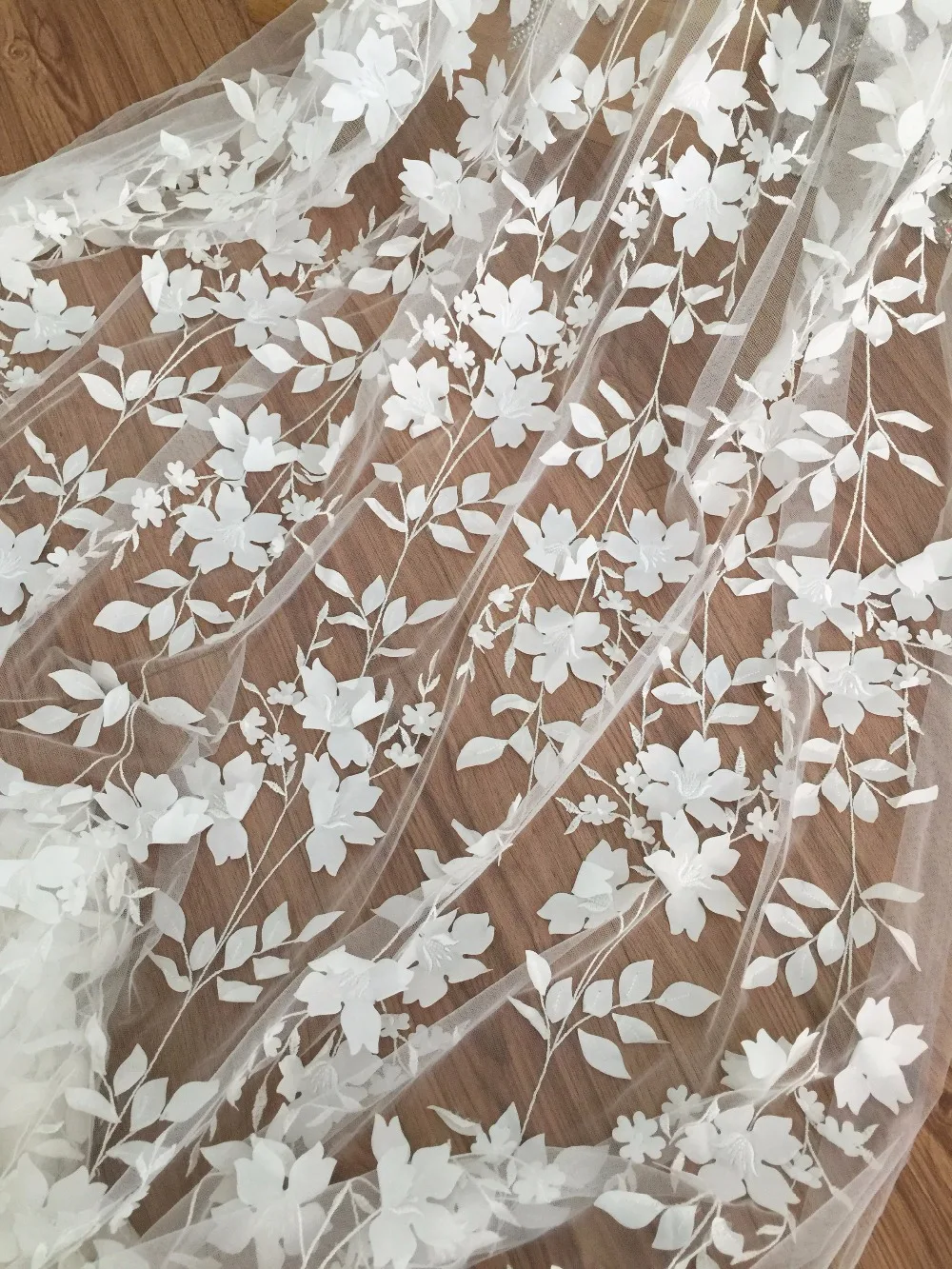 Exquisite Illusion 3D Leaf Bridal Gown Lace Fabric , Fine Made Vivid Floral Embroidery Blossom Fabric byYard in Soft White