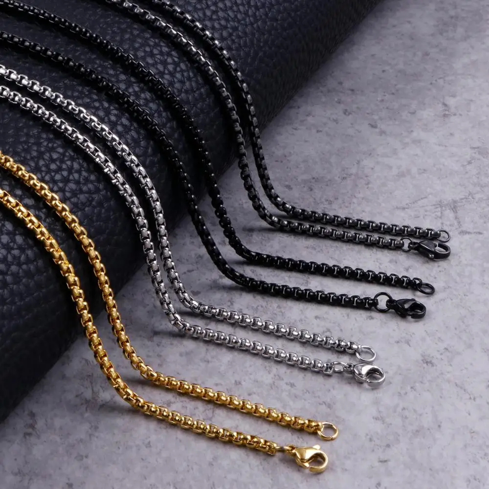 3mm Titanium Link Square Pearl Chains Black/Gold Color Vintage Stainless Steel Long Choker Necklace For Men Fashion Jewelry