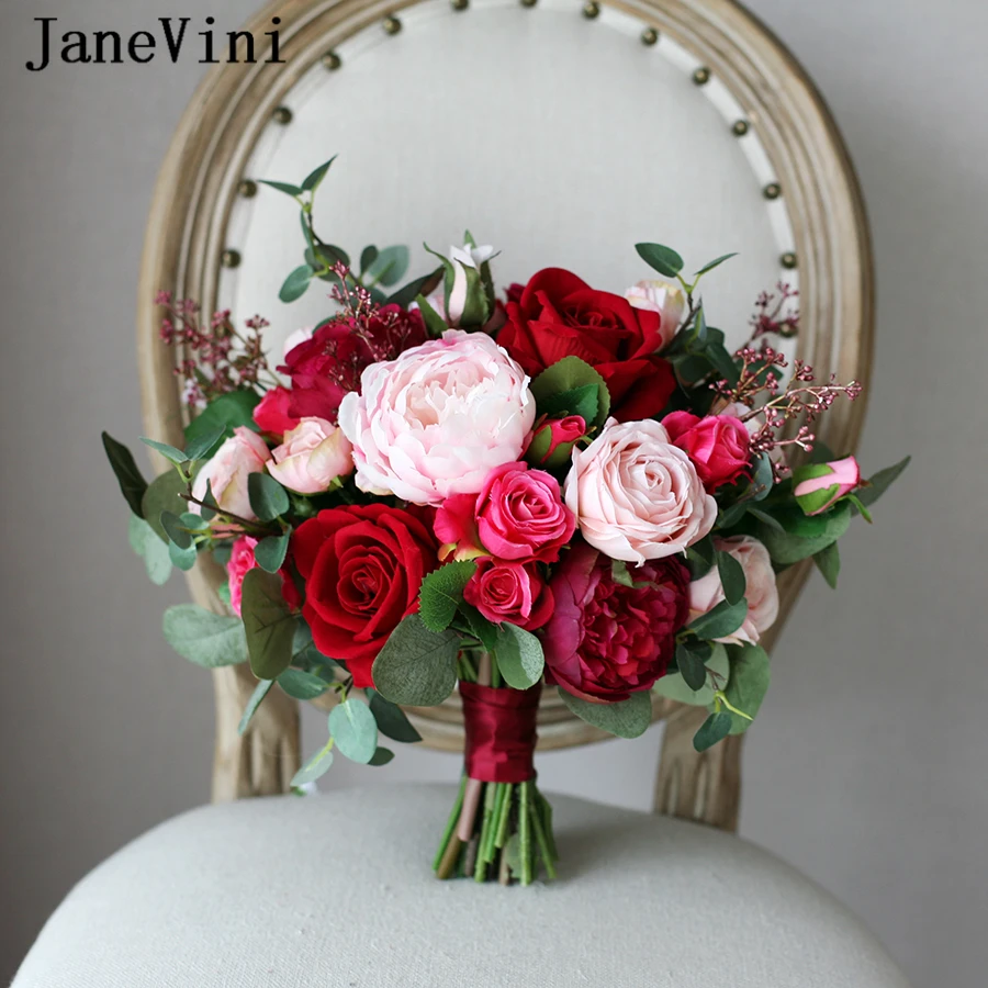 JaneVini Romantic Red Wedding Bride Bouquet Silk Roses Bridal Holding Bouquets Burgundy Pink Artificial Flowers Bouquet Mariage