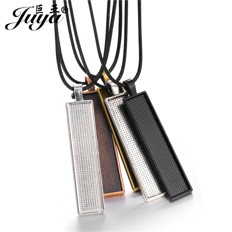 5pcs/lot 50cm Black Leather Rope Chains With 10x50mm Pendant Cabochon Base Bezels For DIY Jewelry Making Necklaces Accessories