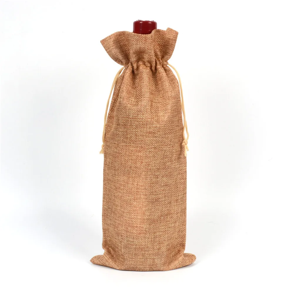 Natural Jute Wine Bottle Covers Champagne Wine Blind Packaging Gift Bags Rustic Hessian Christmas Wedding Dinner Table Decorate