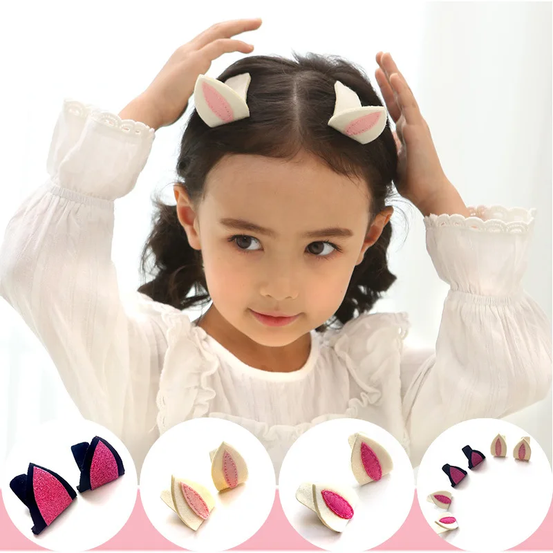 Boutique ins 15pairs Fashion Cute Glitter Rabbit Ears Snap Clips Solid Felt Animal Ears Barrettes Hairpins Princess Headwear