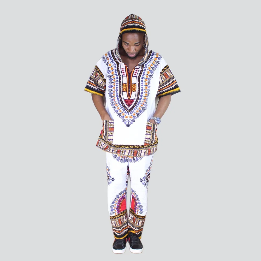 Unisex White Dashiki Set Top Hippie Blouse Hoodies and Pants Set with Pockets