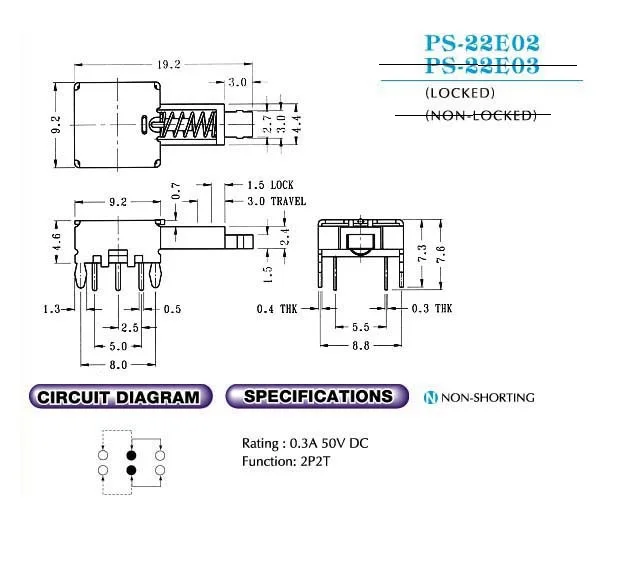 1000Pcs Push button Switch 2P2T Lock Through Hole PCB Solder Right Angle PS-22E02 PushButton On-On 0.3A 50V