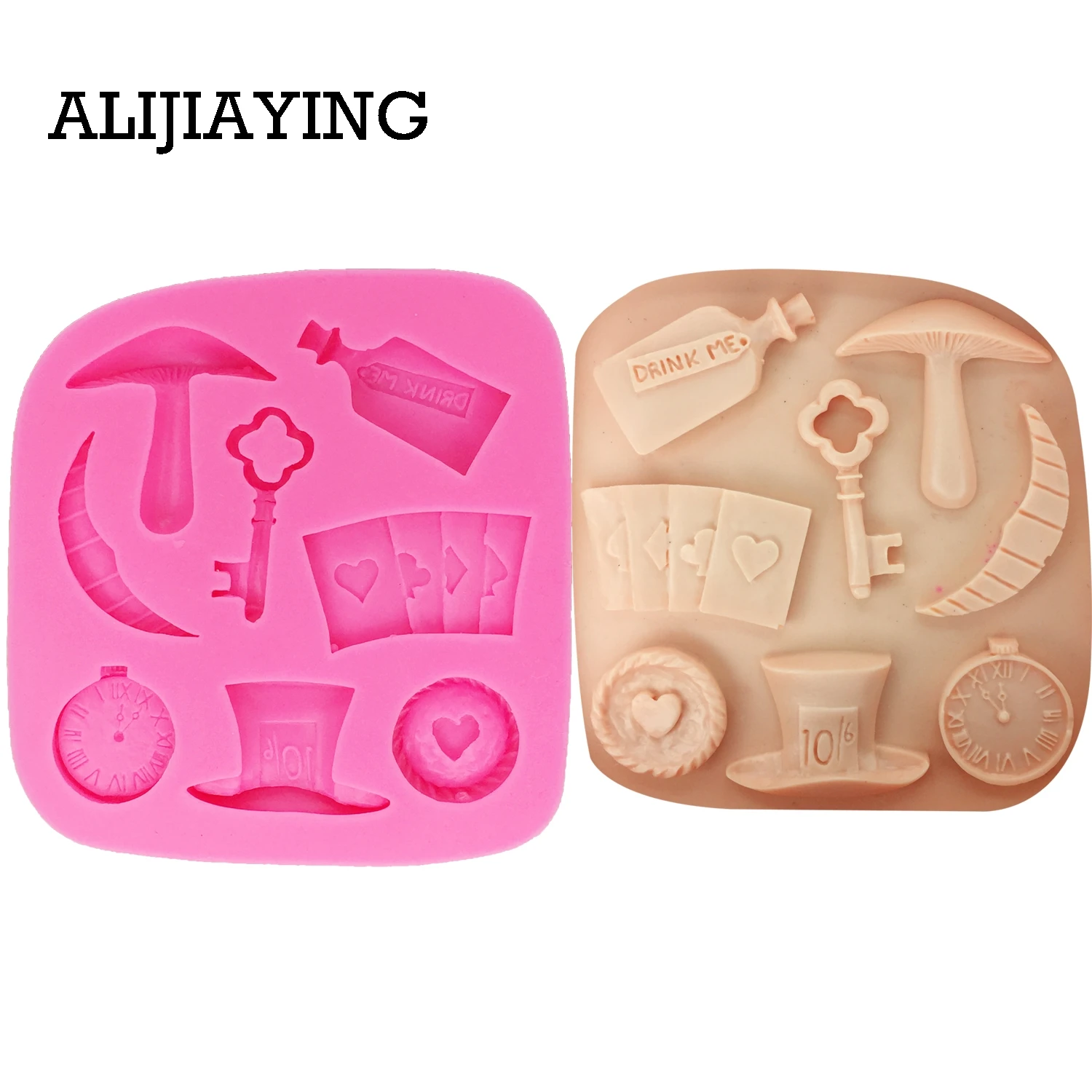 M1315 Alice Wonder 3D Poker Key clock mushroom Fondant Cake Decorating Tools Cake Molds Silicone Chocolate Candy Clay Molds