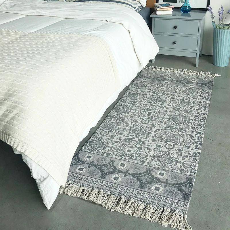 High blue and white flowers design tessel edge cotton area rug for bedside living room tapetes para casa sala tapis salon