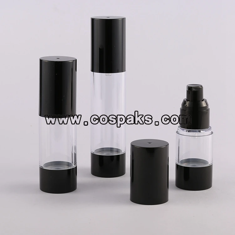 

15ml black base airless plastic bottle wholesale, 15ml eye cream pump bottles, 15ml clear airless bottle with black base