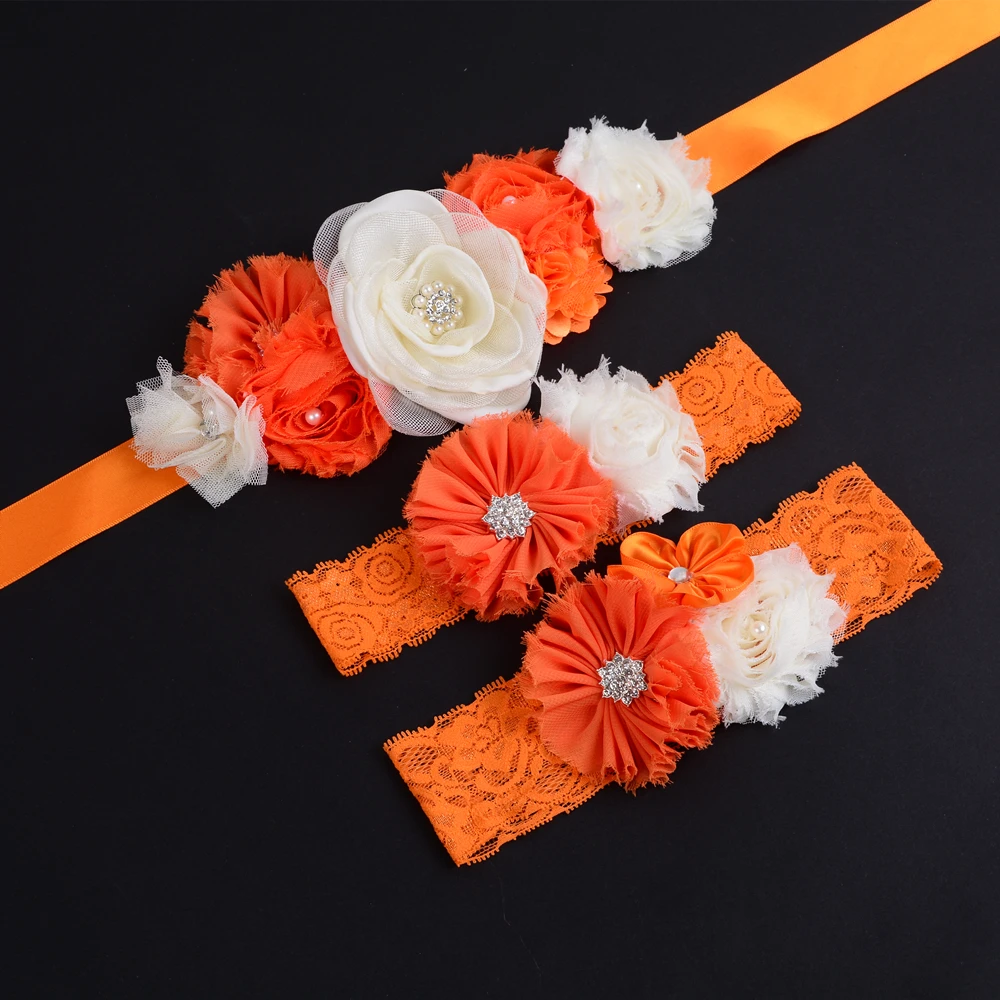 1 conjunto Cinturão de Flores com Headband Da Flor para Meninas Mulher Maternidade Cintos Cinto de Cetim De Casamento Laranja Faixa Da Menina de Flor Crianças cinto