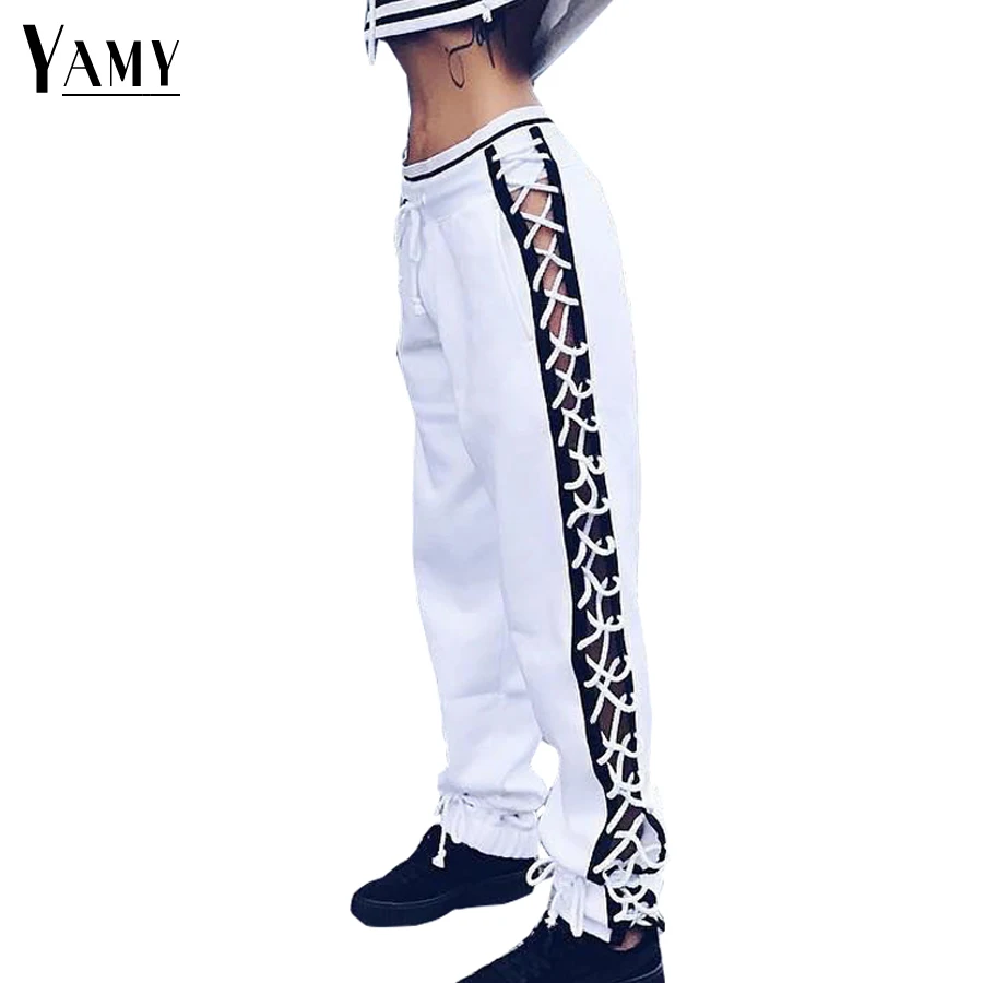 

New fashion drawstring lace up pants women Patchwork cotton Loose Harem Pants 2017 spring casual hip hop trousers Sweatpants