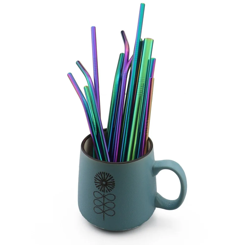 2Pcs Colorful Rainbow Straw Set 304 Stainless Steel Drinking Straw 16/19/21/23/26cm 12mm Reusable Bent Metal Drink Straw Brush