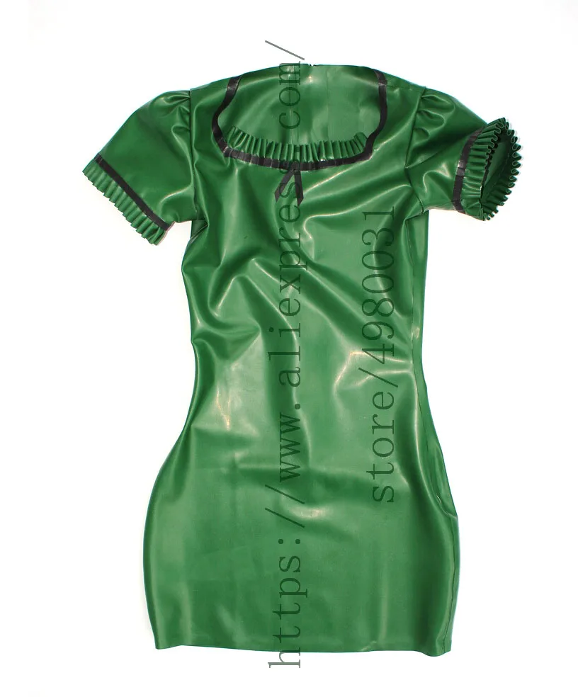 

High quality princess sleeve latex dress Zentai women's metallic green latex dress mini with back hidden zipper