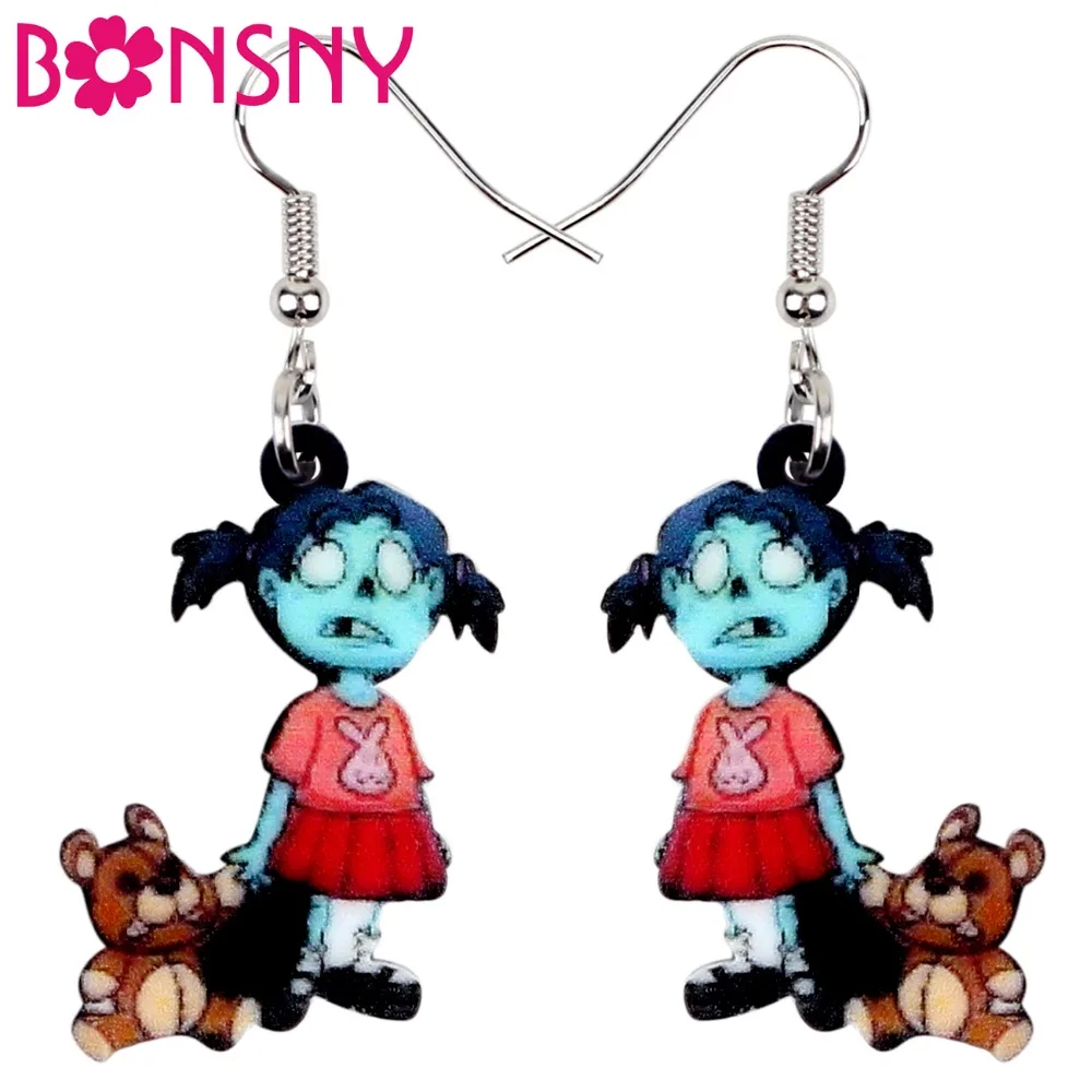 Bonsny Acrylic Halloween Zombie Girl Toy Earrings Drop Dangle Cartoon Decorations Jewelry For Women Party Games Charms Wholesale