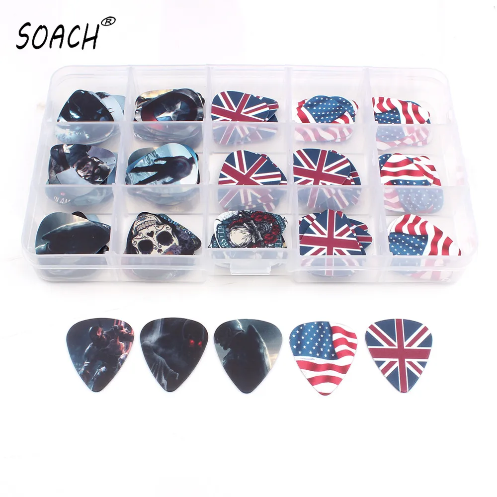 SOACH A lot of kinds 100pcs 15grids Rock Band cartoon Guitar Picks Mix Plectrums + Clear Makeup Draw Case Bead Box earrings DIY