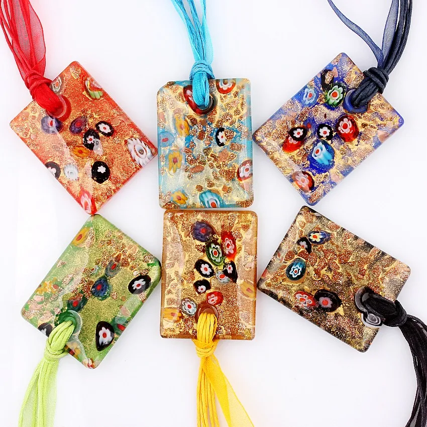 Wholesale 6pcs Murano Lampwork Glass Square Flower Pendant Beauty Necklaces For Women\'s Gift