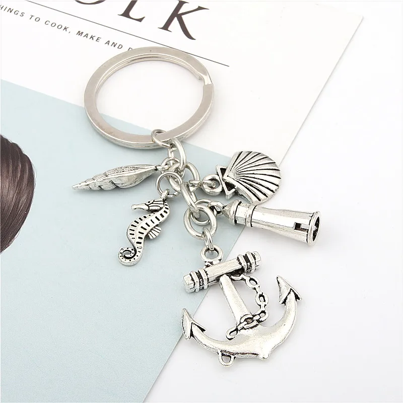 1pc Beach Keychain Fish Anchor Lighthouse Seashell Seahorse Charms Keyring Jewelry Summer Gift E1641