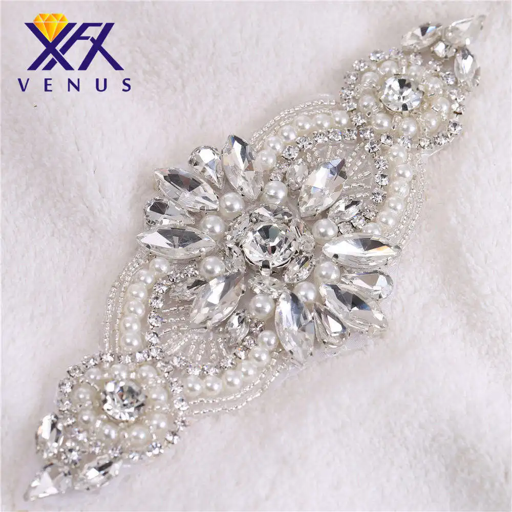 XINFANGXIU Wholesale Iron on bridal sash rhinestone applique trims Sew on pretty shiny crystal trims for wedding dress