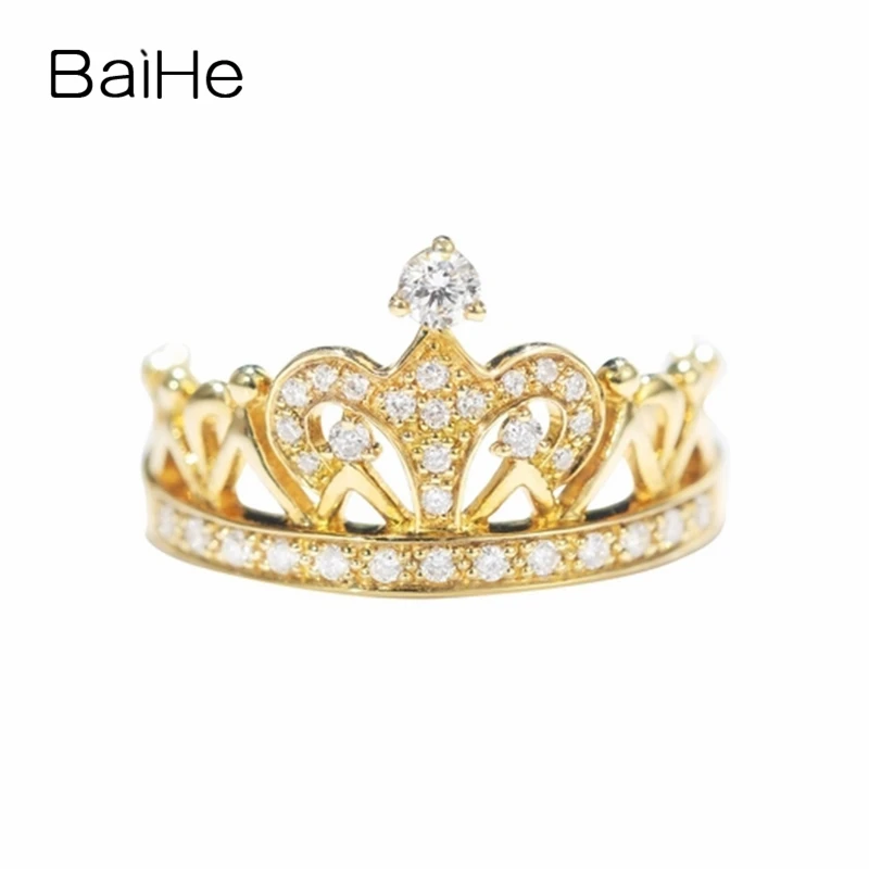 

BAIHE Solid 14K Yellow Gold H/SI Natural Diamond Crown Ring Women Trendy Party Engagement Fine Jewelry Making 왕관 반지 クラウンリング