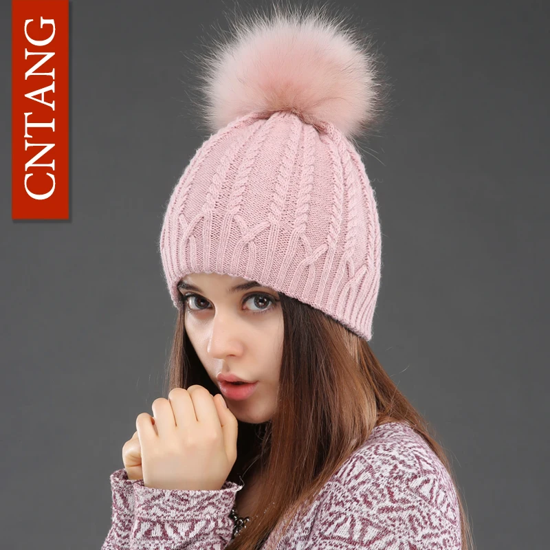 Women Double Deck Knitted Wool Hat Winter Natural Raccoon Fur Warm Caps Female Pom Pom Hats Ladies Fashion Skullies Beanies Cap