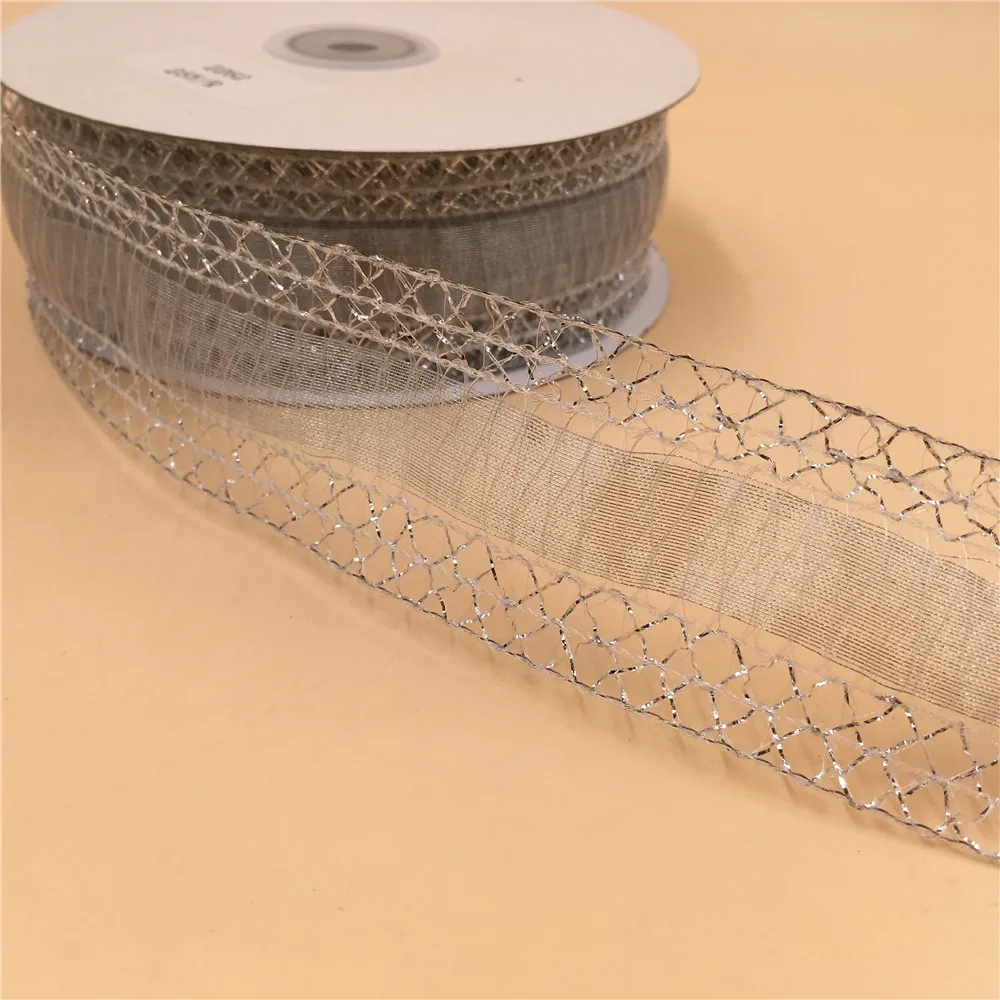 38MM X 25yards Silver Net Edges Wired Organza Ribbon for Gift Box Wrapping N2262