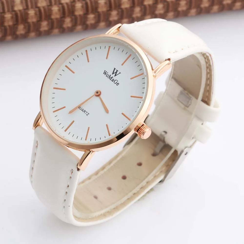 Womage Fashion Casual Watch Simple Style Gold Case Leather Strap Quartz Watch Women Men Hour Unisex Wristwatch Hot Sale Relojes