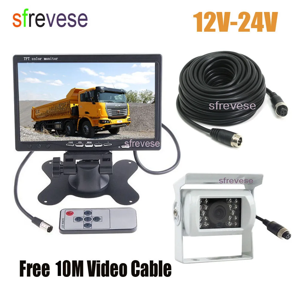 

White 4Pin CCD Reversing Parking Backup Camera + 7" LCD Monitor Car Rear View Kit with 10M Cable for Bus Truck Motorhome 12V-24V