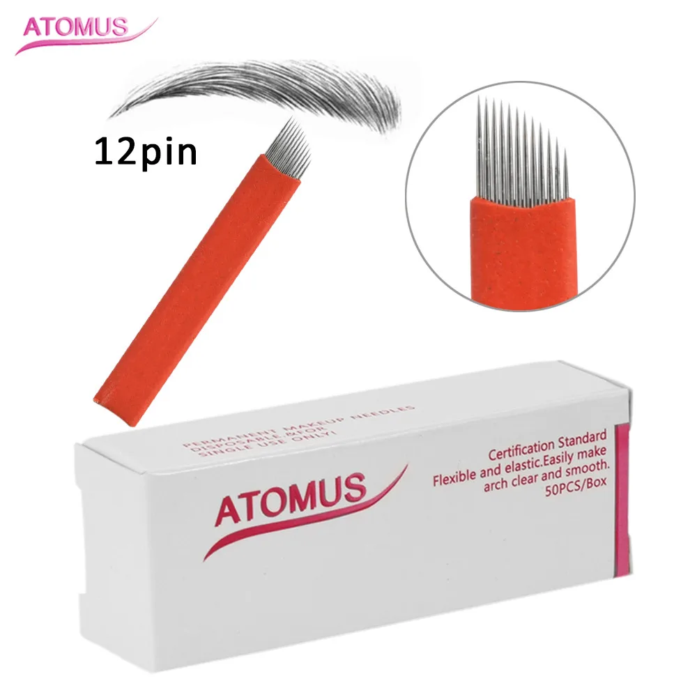 ATOMUS Micro Blading 50/100pcs Red Leather Single Arc 12  Microblading Embroidered Hand Blade Needle  Supply Tattoo Aghi Tebore