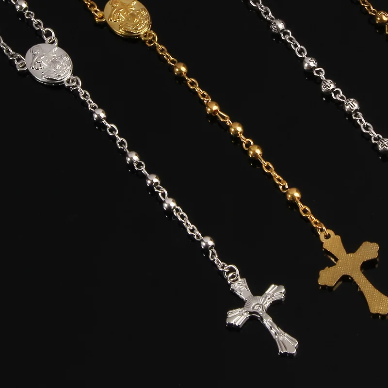 Catholic stainless steel rosary 4mm imitation gold rosary necklace. Rose pattern long chain prayer, blessing a necklace