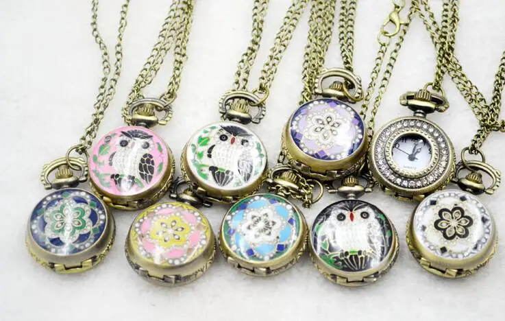 Wholesale 10 PCS Mix owl quartz pendant children woman and men More color pokcet watches gift LP58