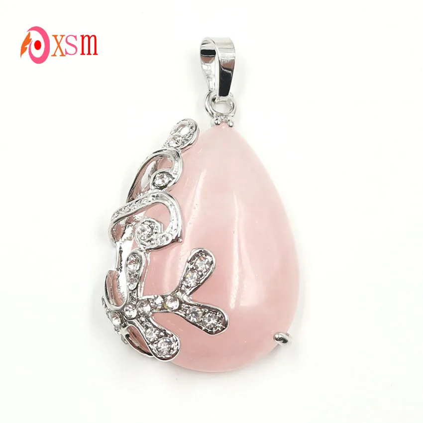 xinshangmie Trendy Silver Plated Inlaid Romantic Rose Pink Quartzs Water Drop Pendant Females Charms Jewelry