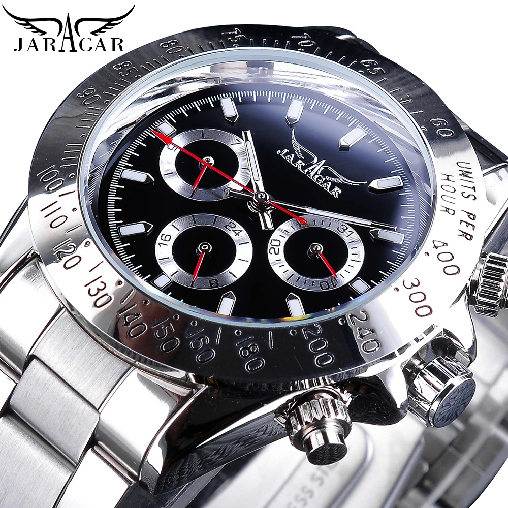 

Jaragar Silver Automatic Men 3 Dials Sport Watches Stainless Steel Date Week Luminous Male Military Watches Dropshipping relogio