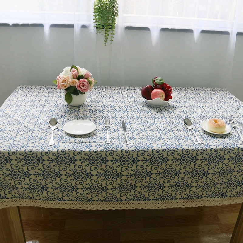 Retro Linen Cotton Tablecloth  Washable Coffee Dinner Blue and White Porcelain Table Cloth for Christmas Wedding Banquet