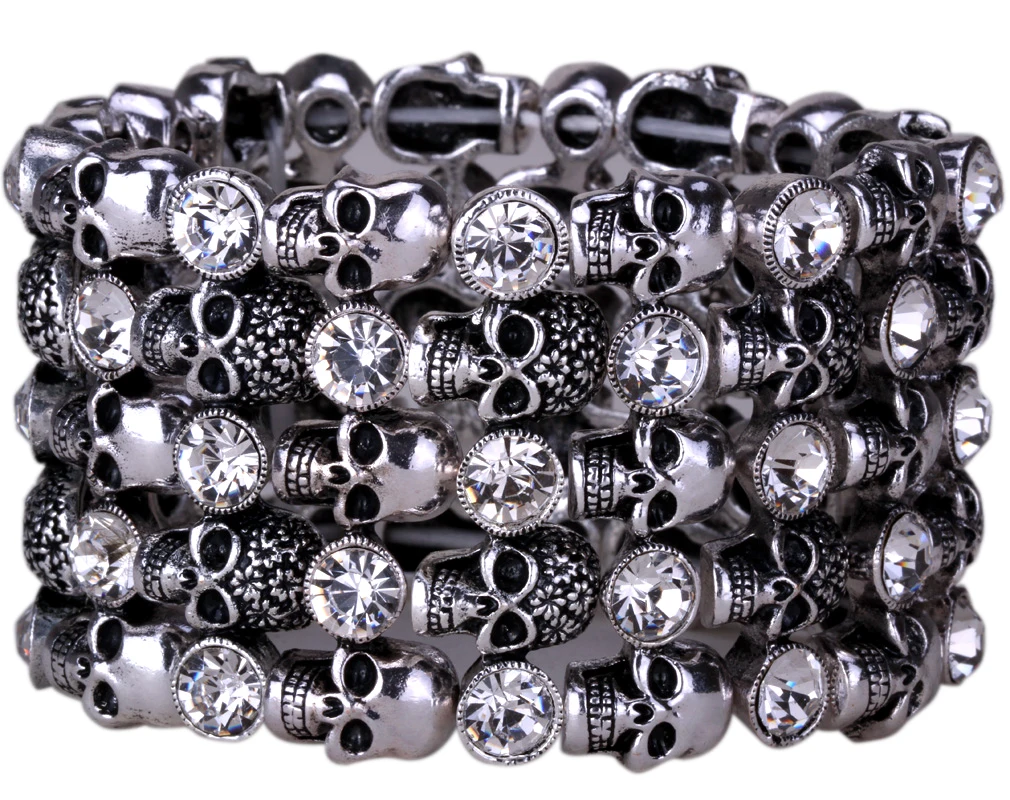YACQ Skull Skeleton Stretch Cuff Bracelet for Women Biker Bling Crystal Jewelry Antique Silver Color Wholesale Dropshipping D07