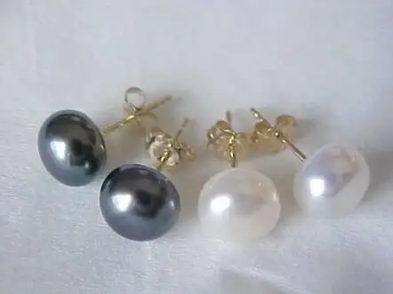 

free shipping WHOLESALE 2 PAIRS 10-11MM WHITE BLACK PEARL EARRING