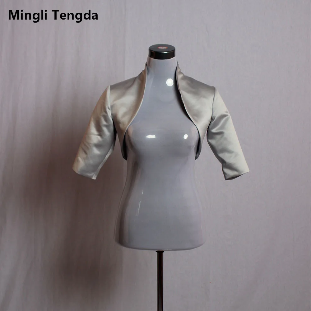 Zilver/Grijs Satin Wedding Bolero/Tippet/Shrug/Bruids Jas/Stola/Wrap Half Mouwen Gevoerd custom Made Mingli Tengda Cape Mantel