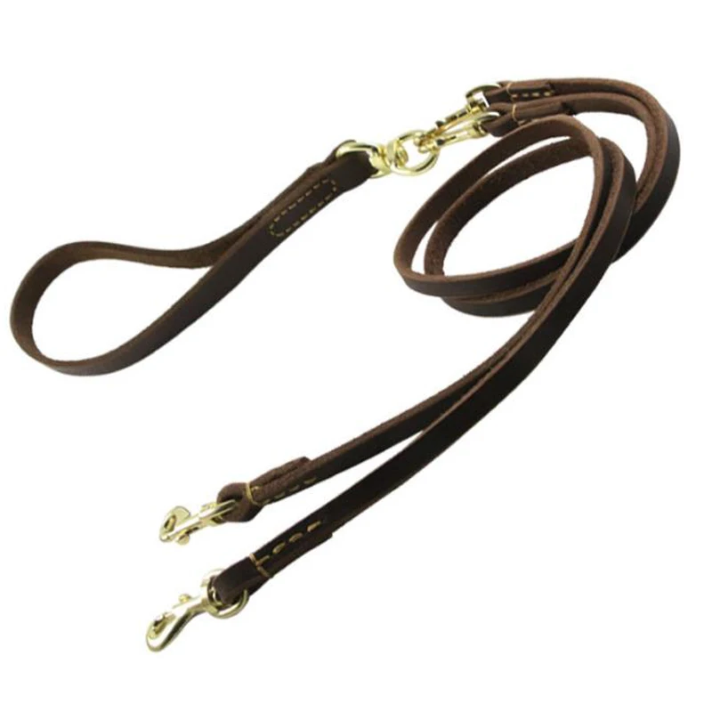 Leather Double Straps for Dogs Pet Dual Leash for 2 Dogs Small Medium Two Way Retraction Rope with Swivel Clasp