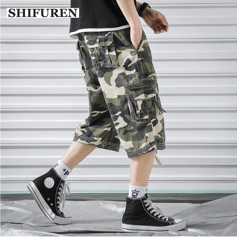 

SHIFUREN New Summer Men's Baggy Multi Pocket Military Shorts Cargo Pants Cotton Work Overall Cargo Shorts Knee Length Plus Size