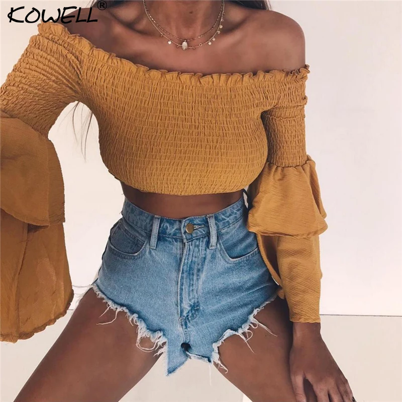 

Off Shoulder Sexy T Shirt Women Soild Cropped Top Slash Neck Flare Sleeve Slim Short Shirt Autumn Casual Tops for Women