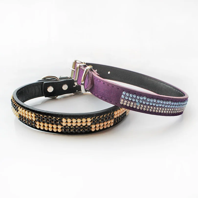 Color Diamond Dog Collars Flocking PU Leather Pet Accessories Adjustable For Small Medium Large Dogs Collier Chien Cuir