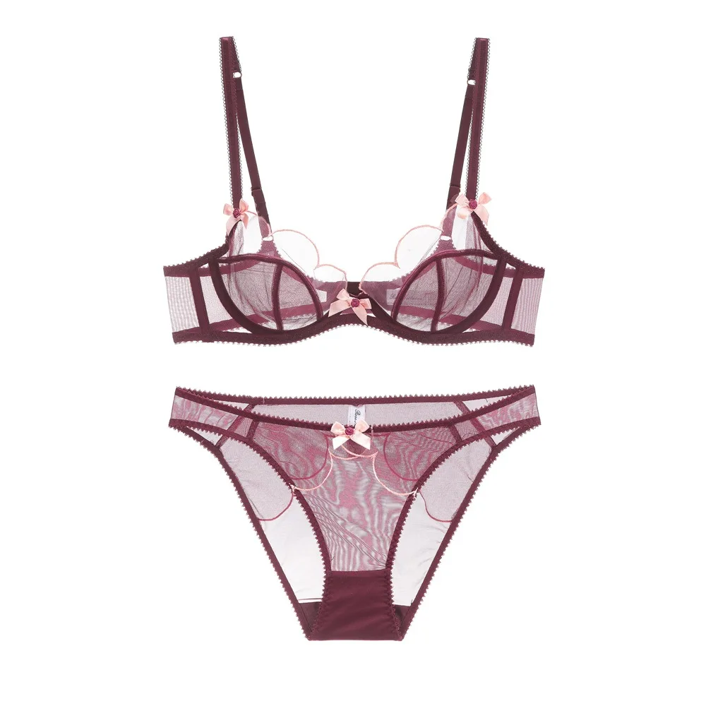 Yhotmeng new love sexy petals gathered with rim perspective bow tie girl ultra-thin cotton pad mesh lace underwear set