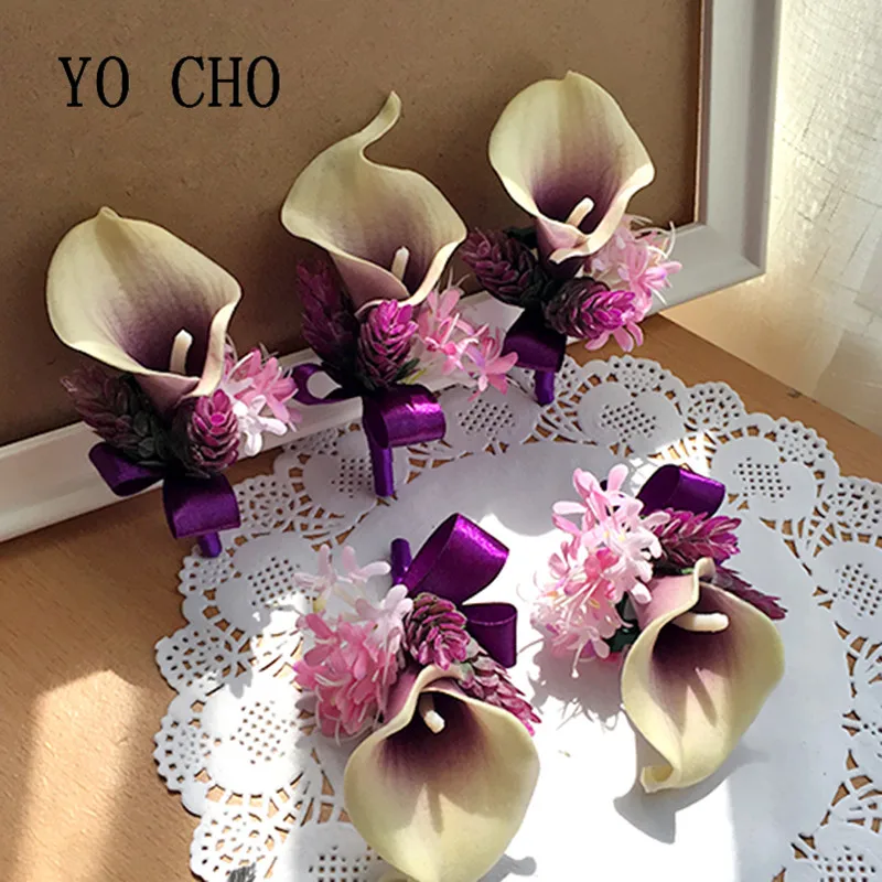 YO CHO Real Touch Calla lily Boutonnieres Flowers Buttonhole Corsage White Blue Groom Boutonniere Wedding Marriage Accessories