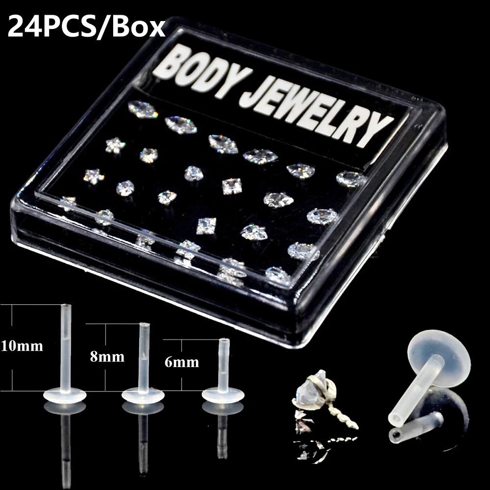 BOG-24PCS/Box Mixed 7 Designs Bioplast Flexible Labret Stud Lip Ring  Horse Eye Ellips Ear Tragus Ear Cartilage Earring Piercing