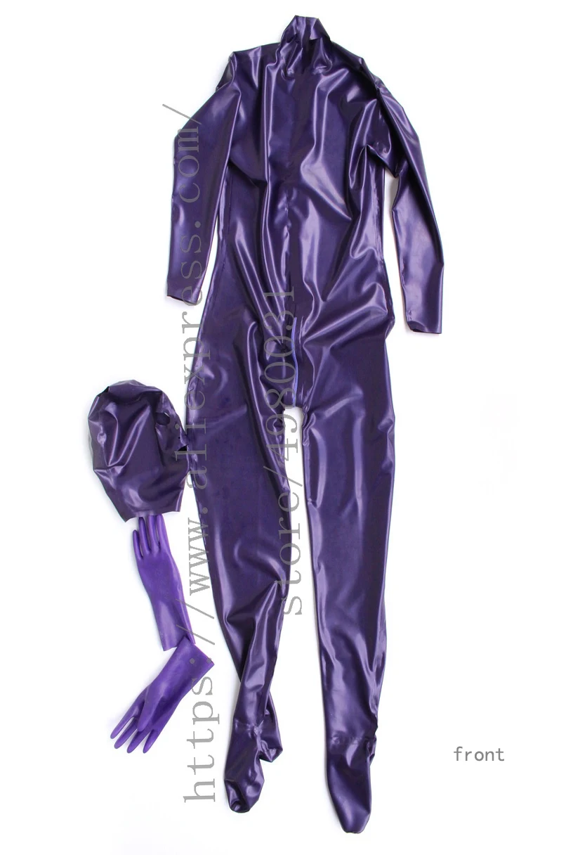 Metallic purple women's full body latex bondage zentai with feet and including seperated  latex hoods & finger gloves