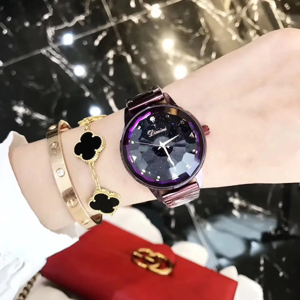 Brand Fashion Perfect Round Women Noble Purple Watches Full Steel Bracelet Watch Multi Faceted Glass Crystal Wrist watch Quartz