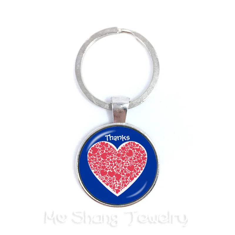 Fashion Thanks Teacher Key Chains Red Heart Pattern Glass Keychains Key Ring Metal Merci Maitresse Women Men Gifts