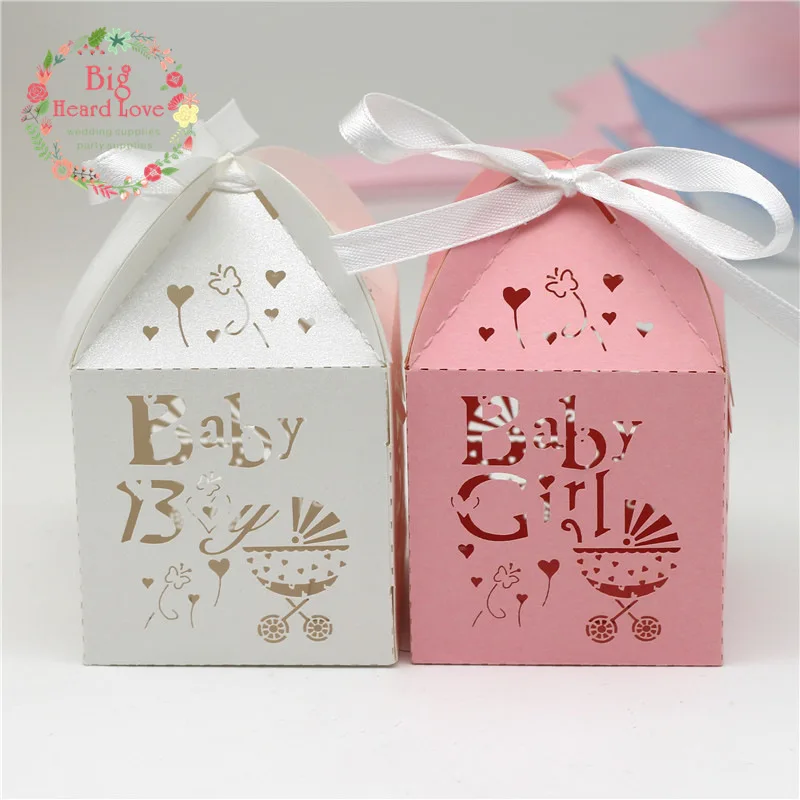 Big Heart Love 50pcs Baby Girl/Boy Design Candy Box Stroller Shape Baby Shower Kids Favors Birthday Party Gifts Box Party Favors