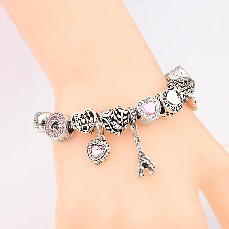 Romantic Pink Love Heart Bead Bracelet with Charm Silver Color Eiffel Tower Pendant Bracelets Jewelry Drop Ship